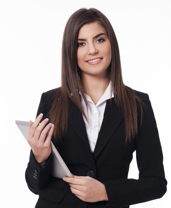 Portrait of happy woman with digital tablet